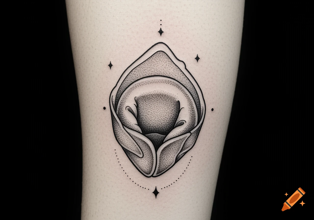 A black and white tattoo of a tortellini noodle on skin, surrounded by small star and dot patterns.