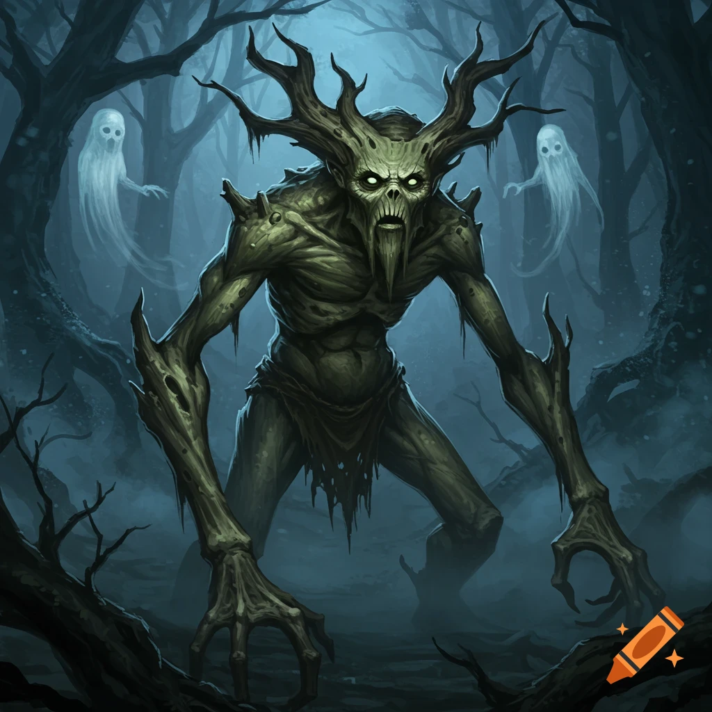 A dark fantasy illustration of a tree-like monster with glowing eyes and antler-like branches in a misty, haunted forest.