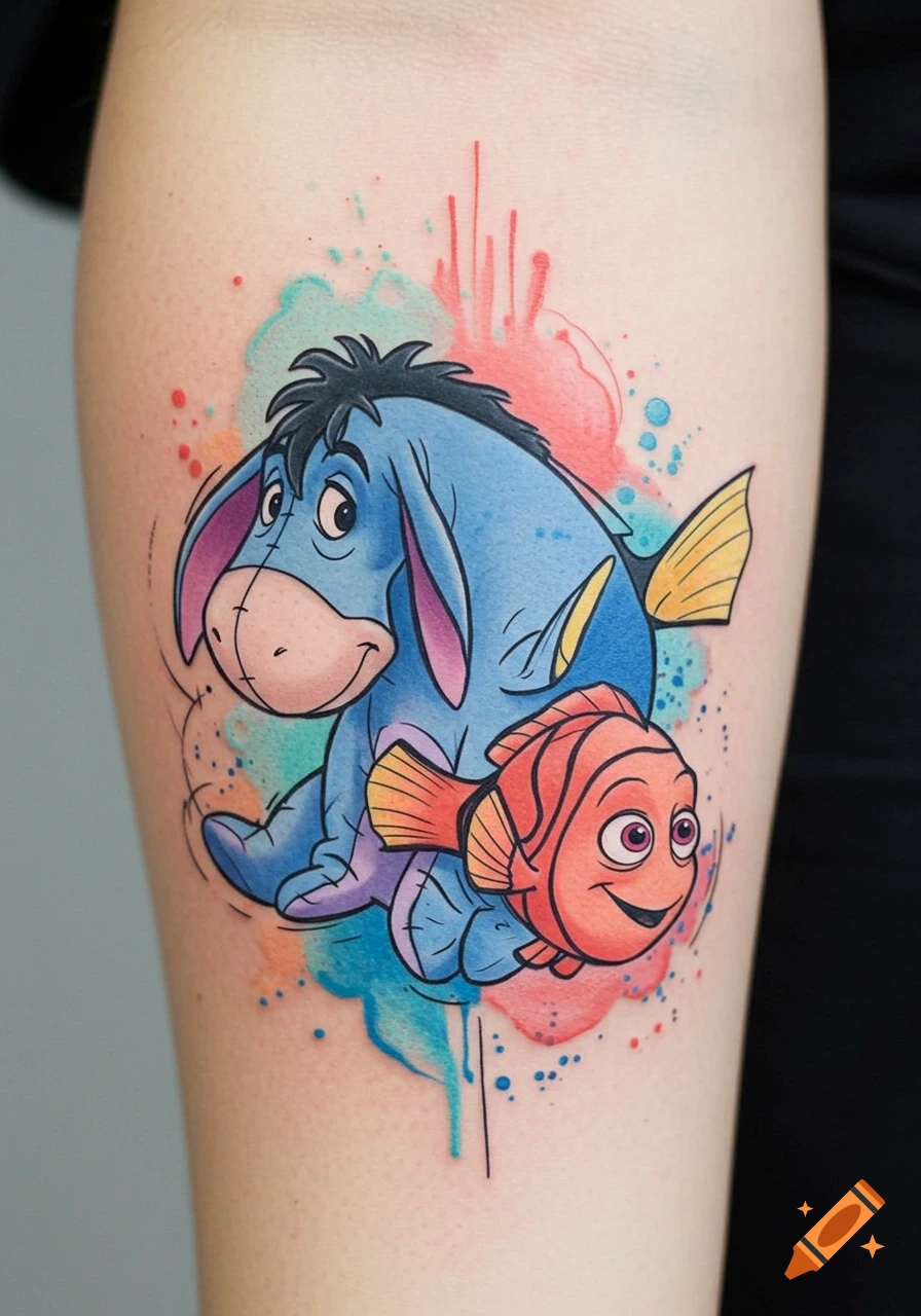 Colorful watercolor tattoo of Eeyore and a clownfish on an arm.