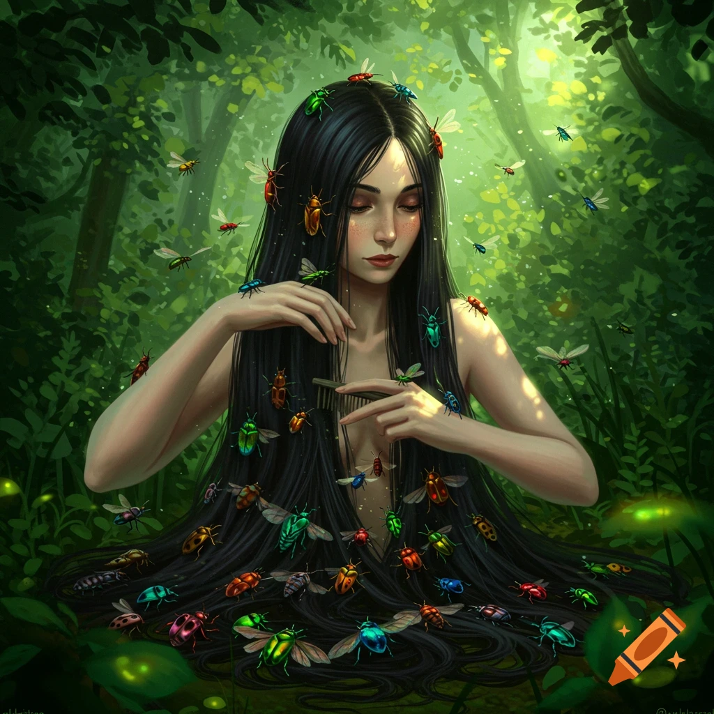 A digital painting of a woman with long black hair adorned with colorful insects in a lush, magical forest.