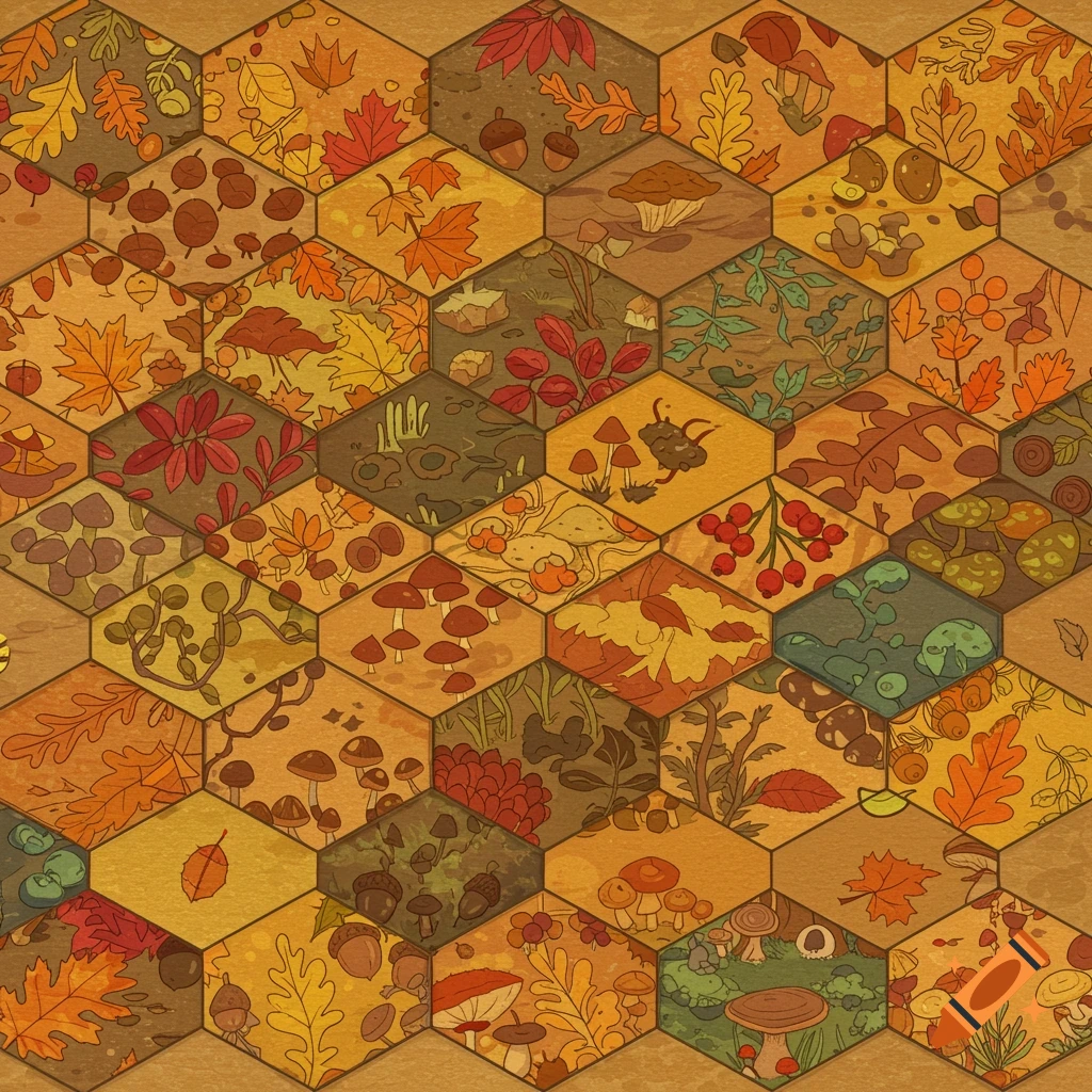 Cartoon hexagonal grid with autumn leaves, mushrooms, acorns, and berries in a forest floor pattern.