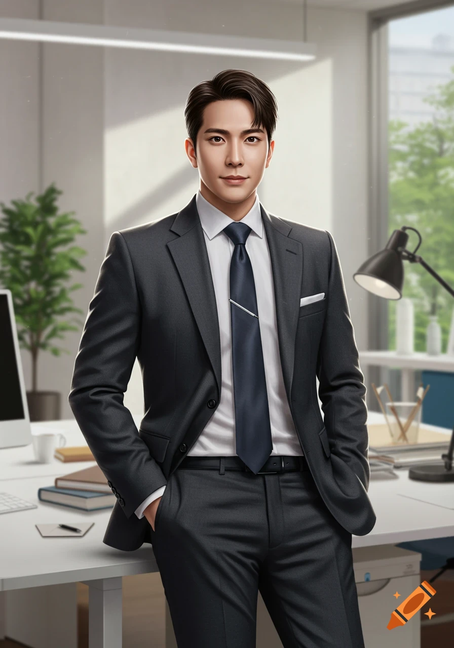 A photorealistic portrait of a professional man in a suit and tie, standing in a modern office.