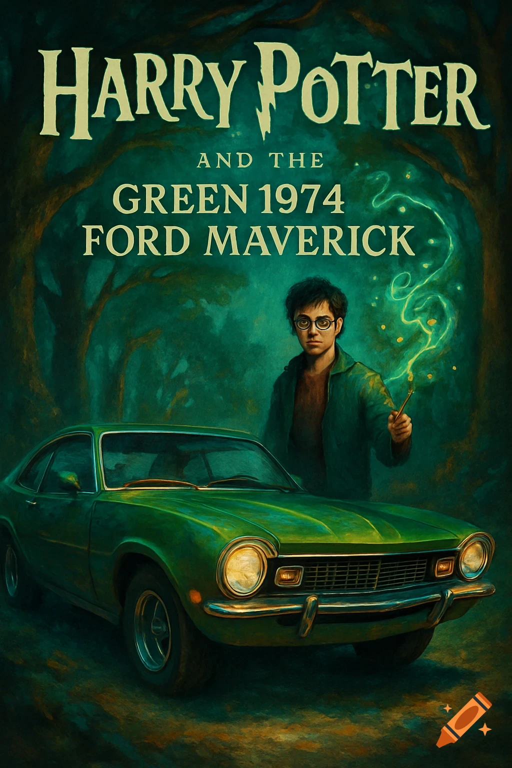 Illustrated book cover for 'Harry Potter and the Green 1974 Ford Maverick,' showing a young wizard with glasses and a green car in a dark forest.