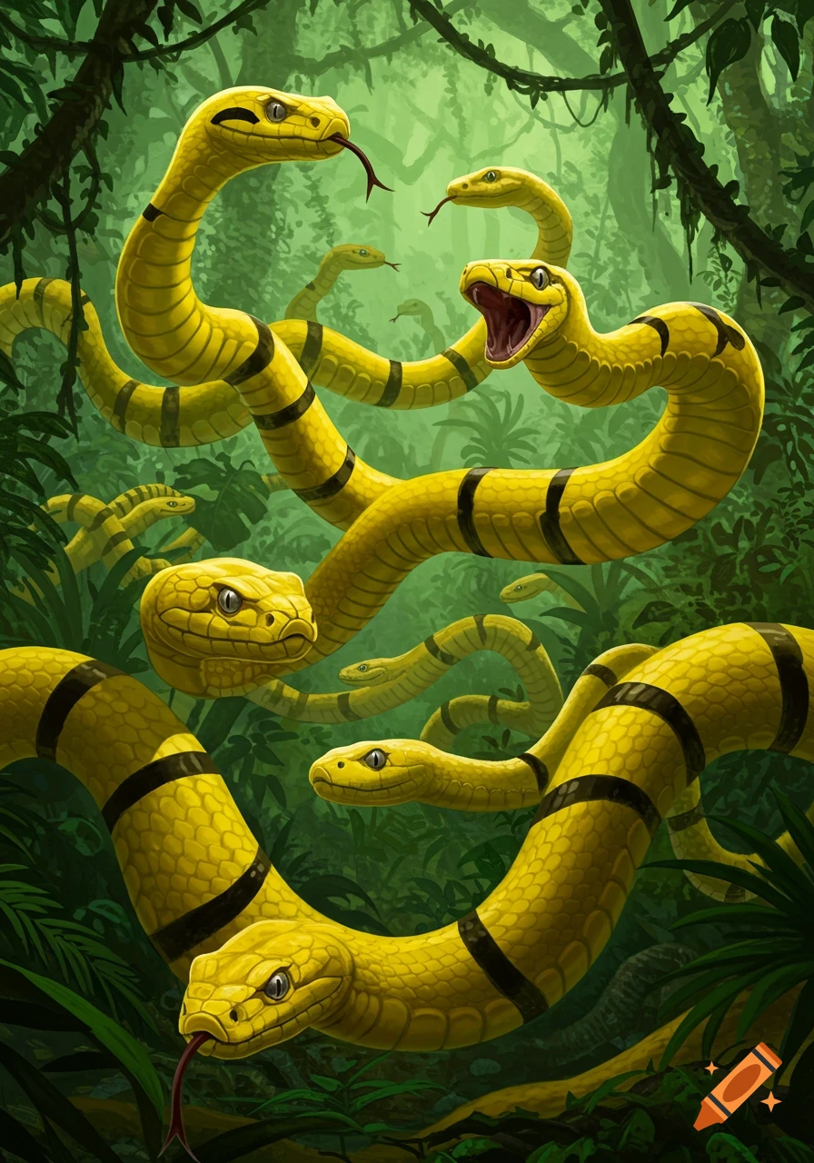 Vibrant illustration of a swarm of yellow and black banded snakes slithering through a lush green jungle.