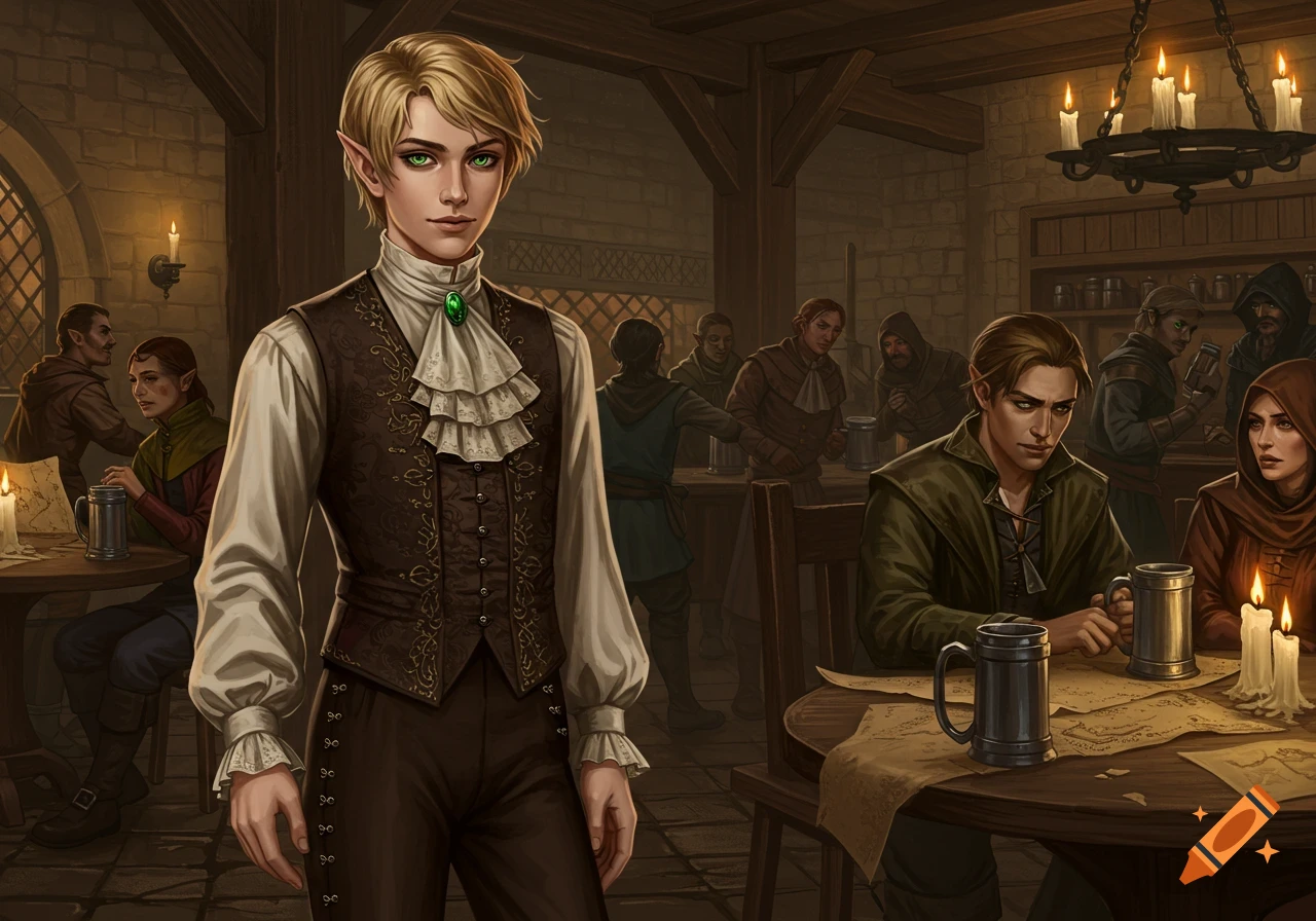 A blonde-haired elf with green eyes in a ruffled shirt and vest stands in a dim, candlelit medieval tavern, with other patrons in the background.