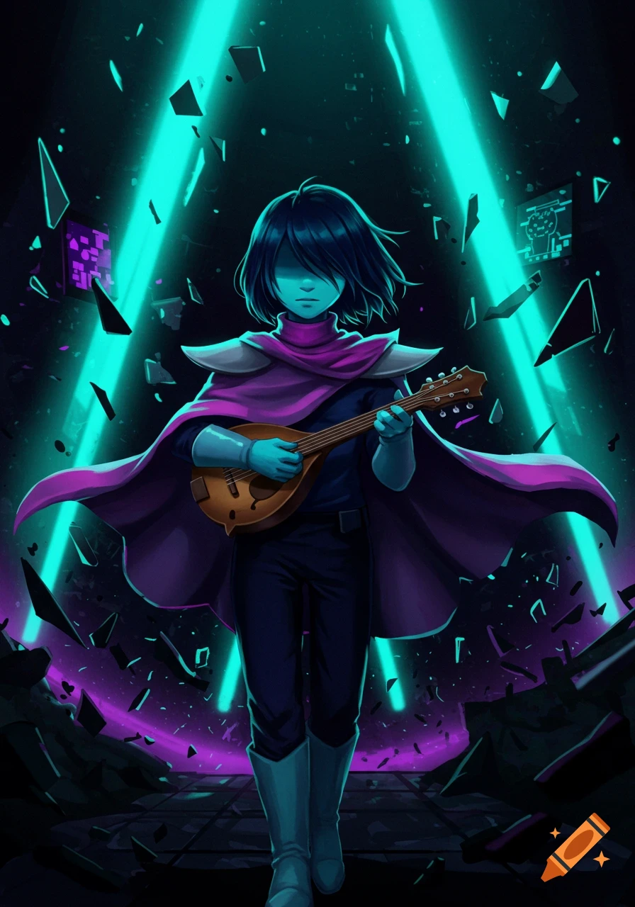 Kris from Deltarune in a purple cloak holding a mandolin amidst glowing teal lights and shattered fragments.
