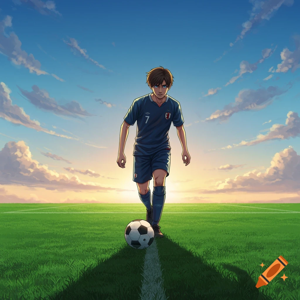 Anime style depiction of a male soccer player in a blue jersey, number 7, dribbling a ball on a green field under a sunset sky.