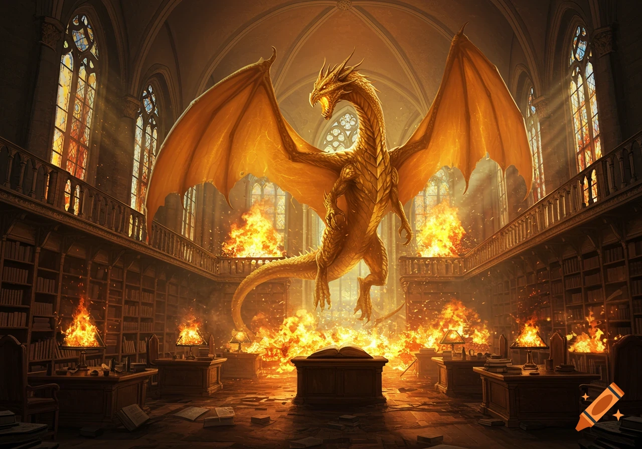 A majestic golden dragon with wide wings hovers amidst flames in a grand, ornate library with towering bookshelves and stained glass windows.