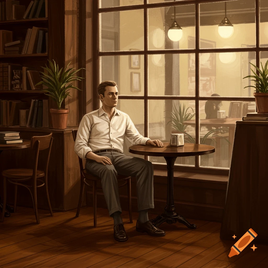 A man sits at a small table by a large window in a dimly lit cafe or library, looking out.