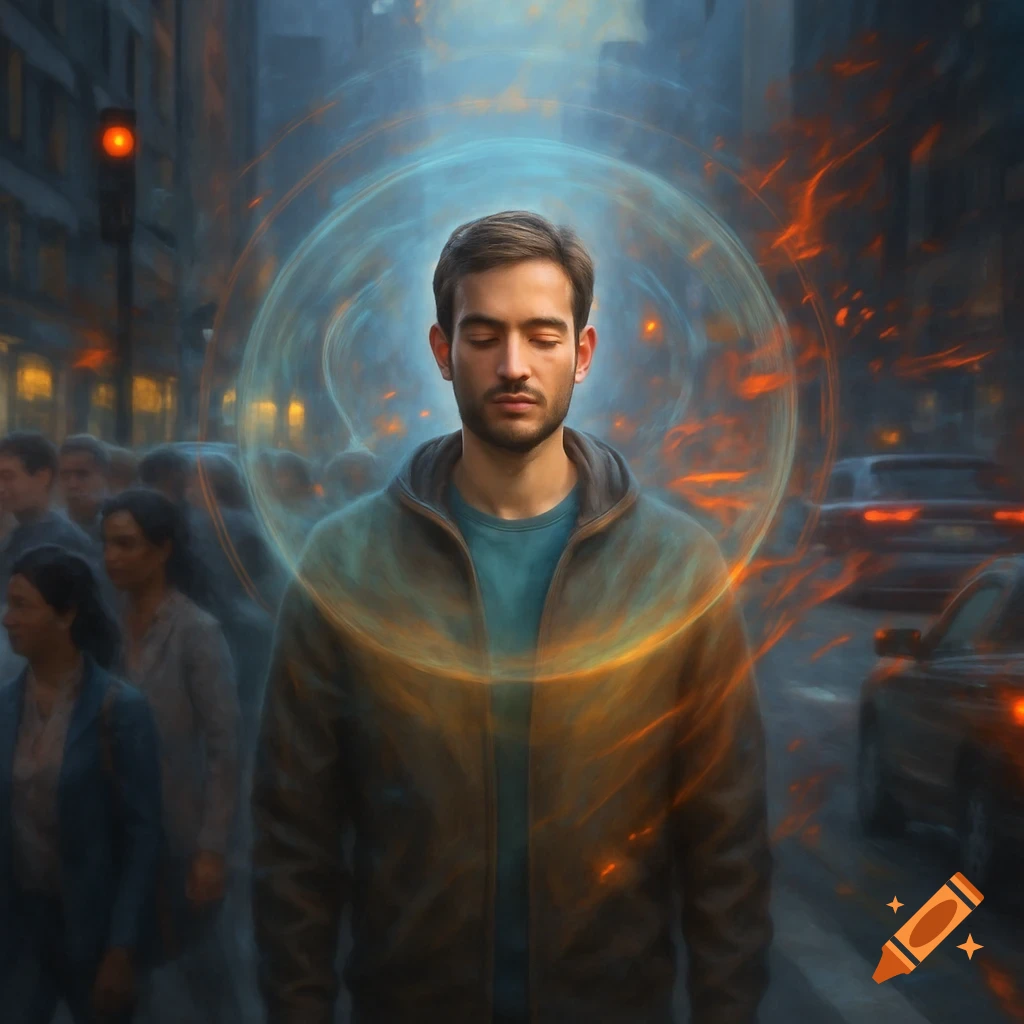 A man stands in a busy city street, eyes closed, surrounded by glowing blue and orange energy fields.