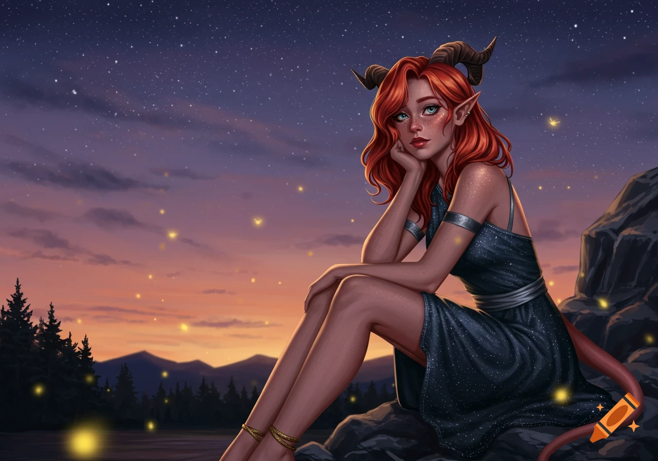 A red-haired tiefling girl with horns and a tail sits on a rock at dusk, watching fireflies under a starry sky.