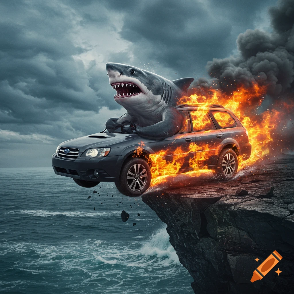 A photorealistic great white shark drives a burning Subaru off a cliff into a stormy ocean.