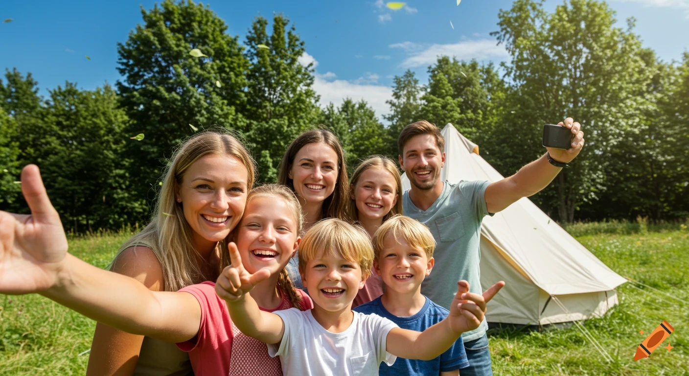Smiling family taking a selfie outdoors in front of a tent and trees under a blue sky.
