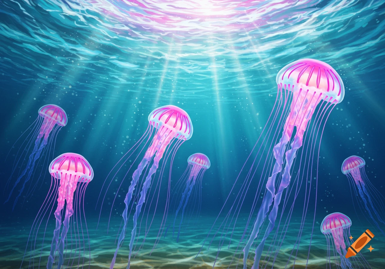 Several pink and purple jellyfish float in clear blue ocean water with sunlight streaming from the surface and a sandy seafloor below.