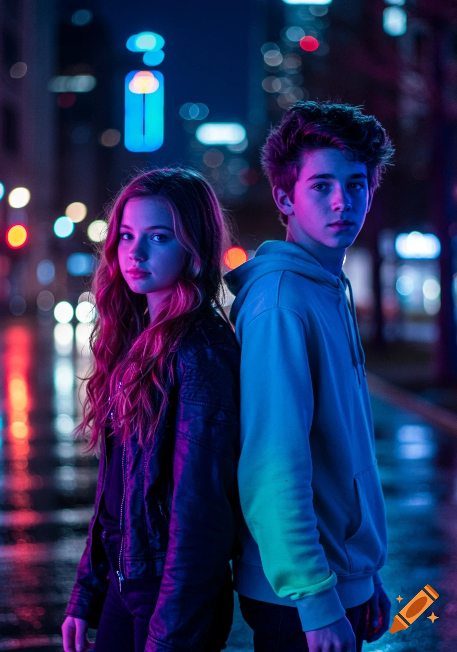 A boy and a girl stand back-to-back on a neon-lit city street at night, illuminated by vibrant pink and blue lights.