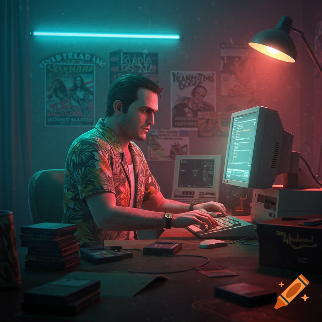 A man in a Hawaiian shirt types on an old desktop computer in a dimly lit, neon-lit room with posters on the wall.