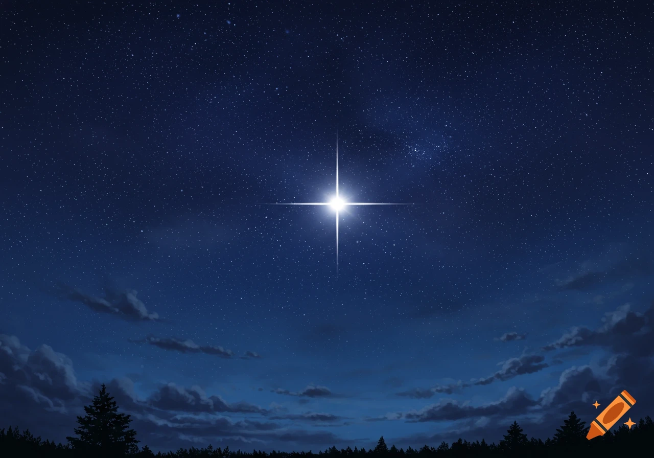 A dark blue night sky filled with countless stars, with a single bright, prominent star at the center, glowing above a silhouette of trees.