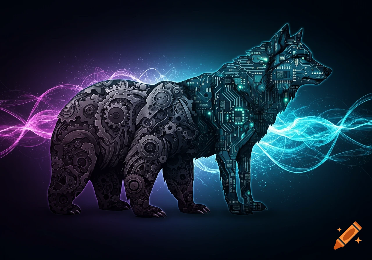 A bear made of gears and a wolf made of circuit boards, with glowing pink and blue energy against a dark background.