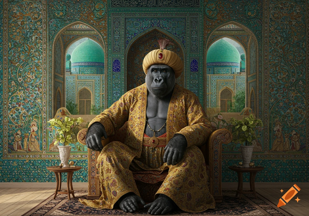 A gorilla dressed as a sultan sits regally in a richly decorated Persian room.
