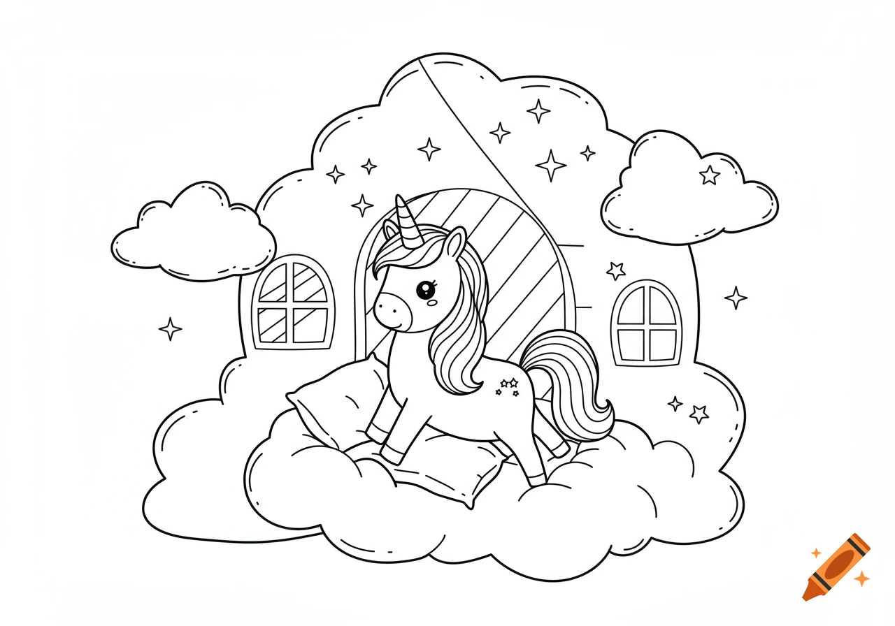A simple black and white line art illustration of a cute unicorn sitting on pillows inside a cozy cloud house, with stars and clouds around.