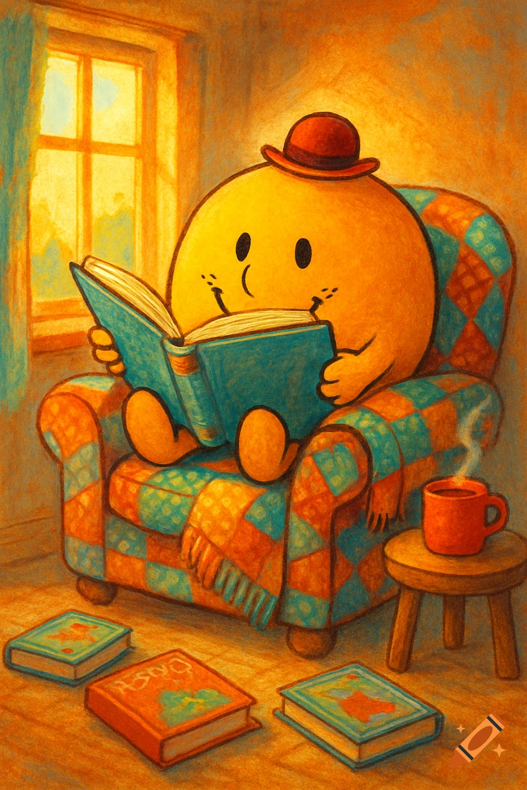 A round, yellow Mr. Man character with a small red hat sits in a checkered armchair, reading a blue book. Other books and a steaming mug are on the floor next to a window.