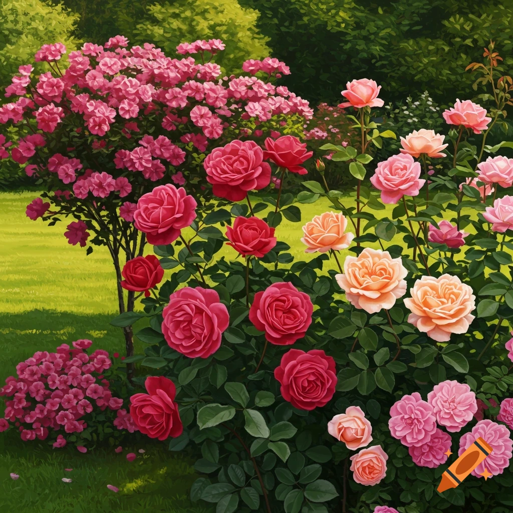 A vibrant garden scene with blooming pink, red, and peach roses and other flowering bushes on a sunny green lawn, in a painterly style.