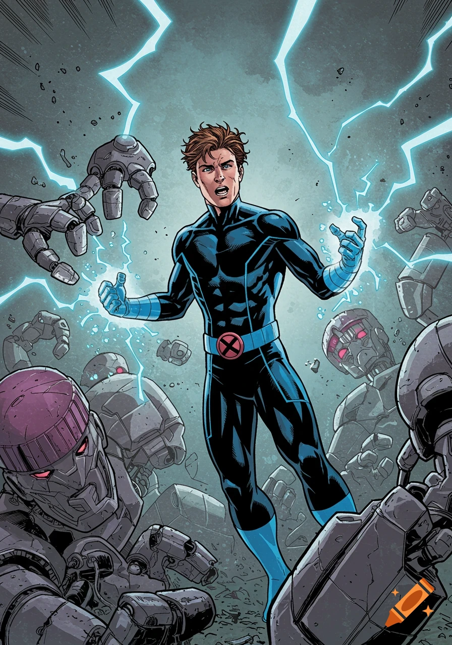 A male superhero in a black and blue uniform with an X-Men belt buckle, generating electricity amidst defeated Sentinel robots, in a comic book art style.