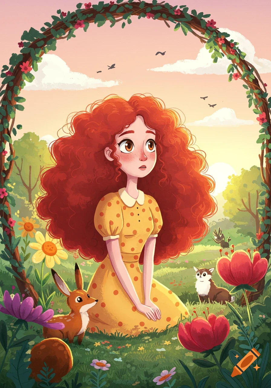 A cartoon illustration of a red-haired girl kneeling in a flowery forest with a fawn and a small cat.
