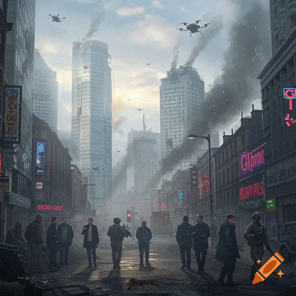 A smoky, war-torn city street with damaged skyscrapers, drones flying overhead, and armed soldiers and civilians walking through debris.