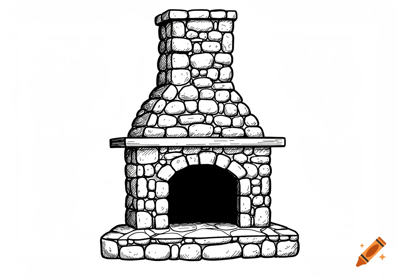 A black and white line drawing of a cobblestone fireplace with a hearth and a tapering chimney.