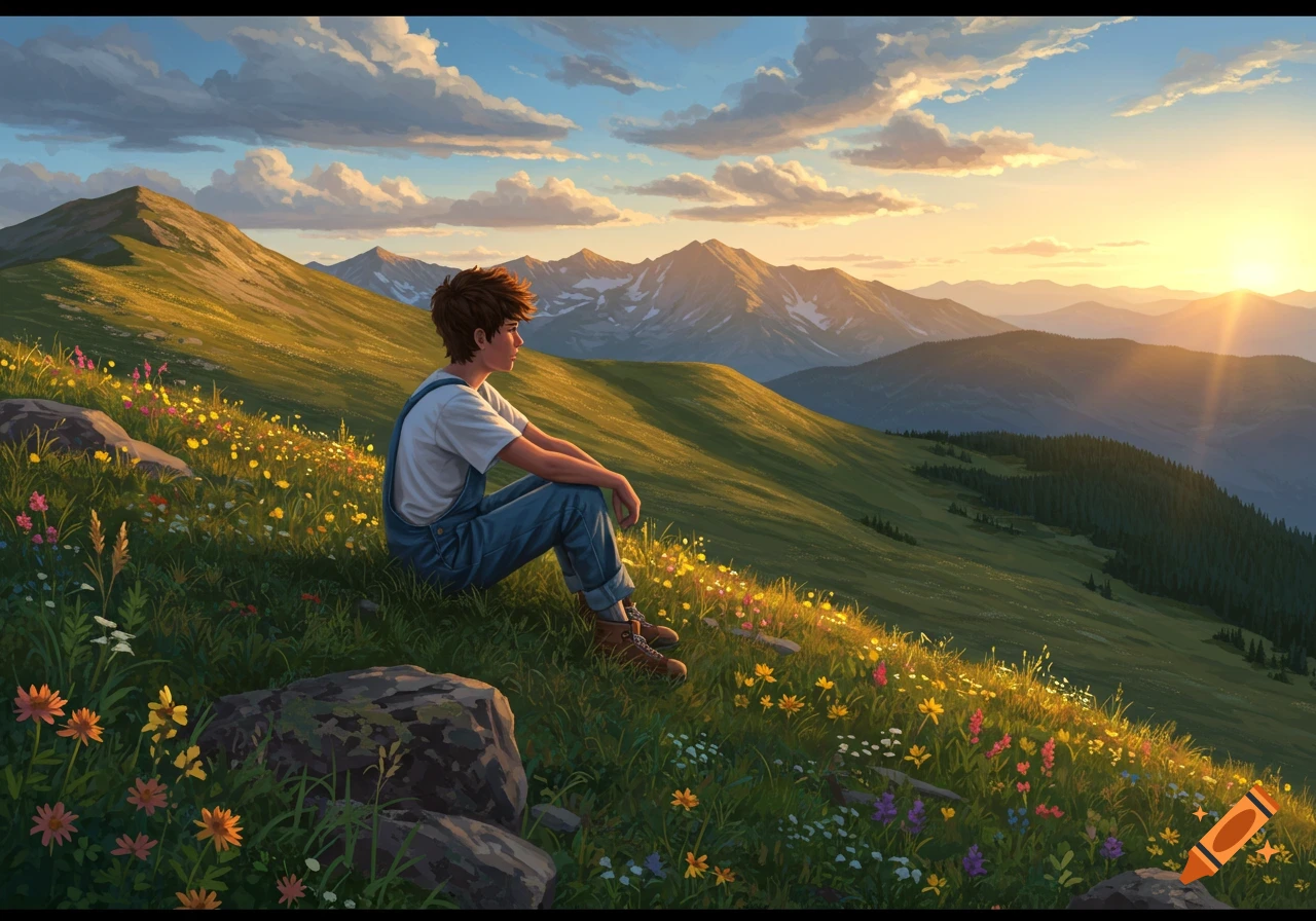 A teenage boy in overalls sits on a grassy mountain slope with wildflowers, watching a sunset over distant mountains. Artistic style.