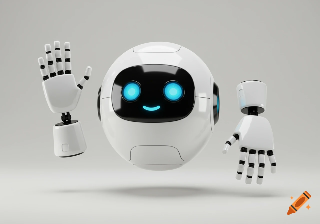 A white, spherical robot head with glowing blue eyes and a friendly smile, flanked by two floating robotic hands.
