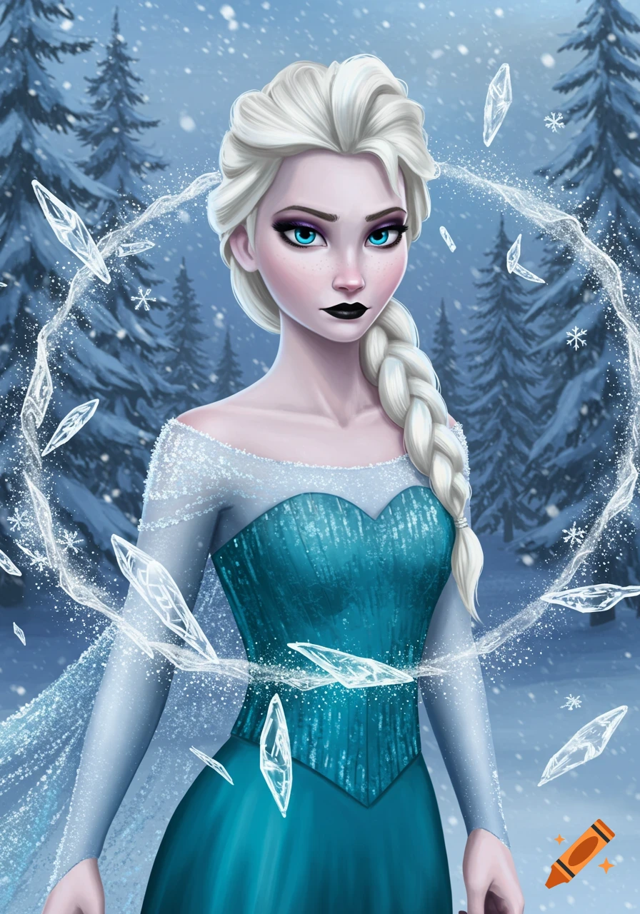 An illustration of Elsa from Frozen with dark lipstick and blue eyes, surrounded by ice shards and snowflakes in a snowy forest.