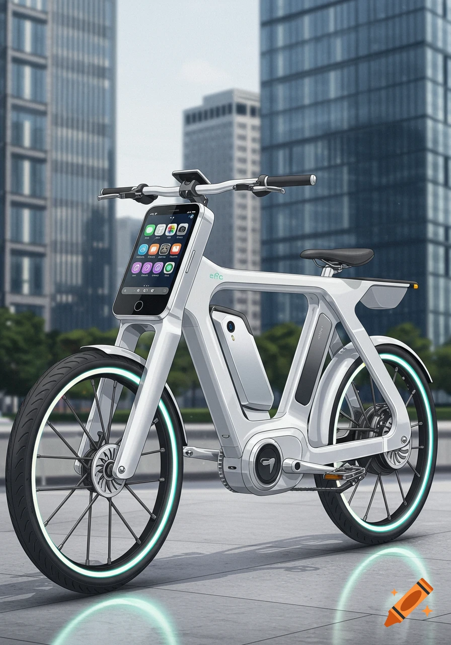 A futuristic white electric bicycle with a large integrated smartphone-like screen on the handlebars, parked on a city sidewalk.