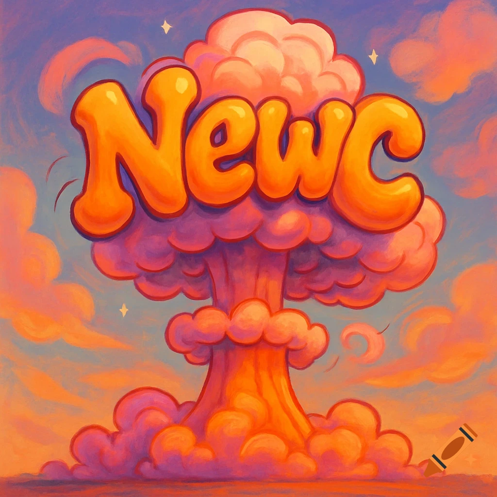 Cartoon image of the orange bubble letters 'Newc' forming a mushroom cloud against a vibrant orange and purple sky with small stars.