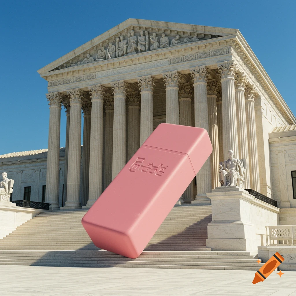 A giant pink eraser stands on the steps in front of the photorealistic Supreme Court Building under a blue sky.