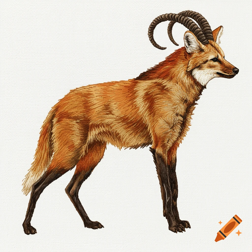 A maned wolf with large, curved horns stands in an embroidery style against a white background.