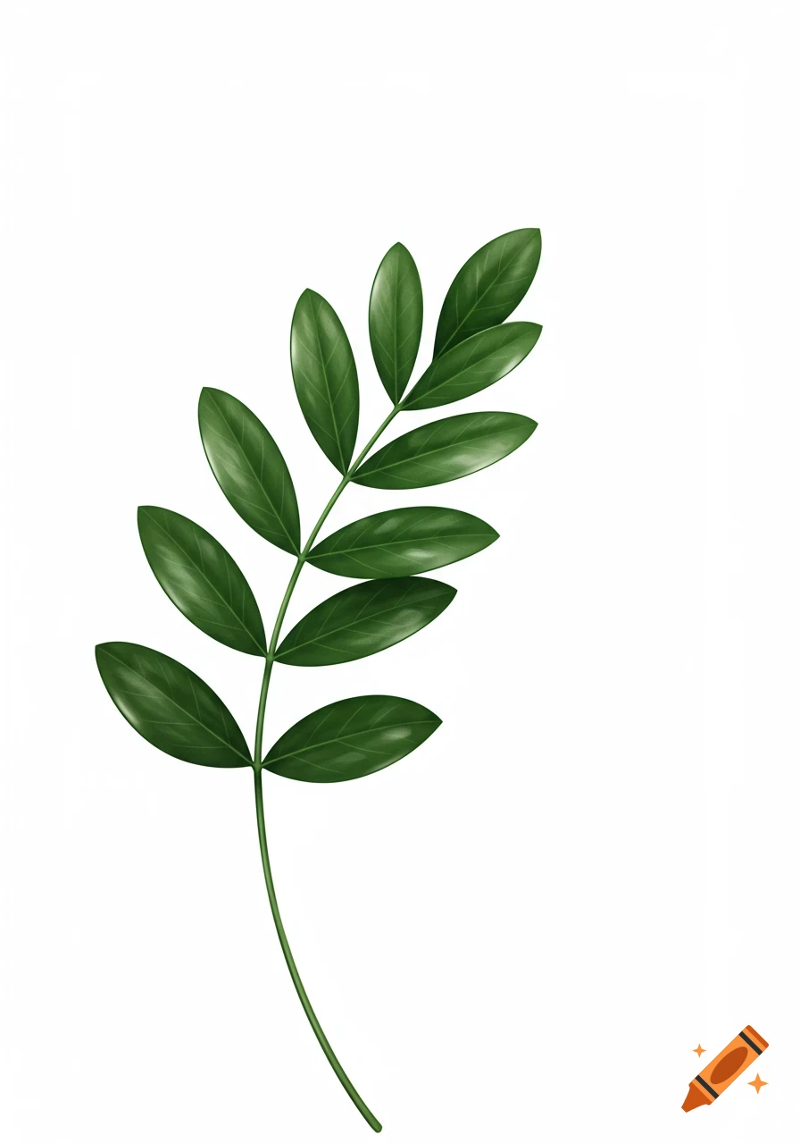 A long green leaf branch with multiple leaves on a white background.
