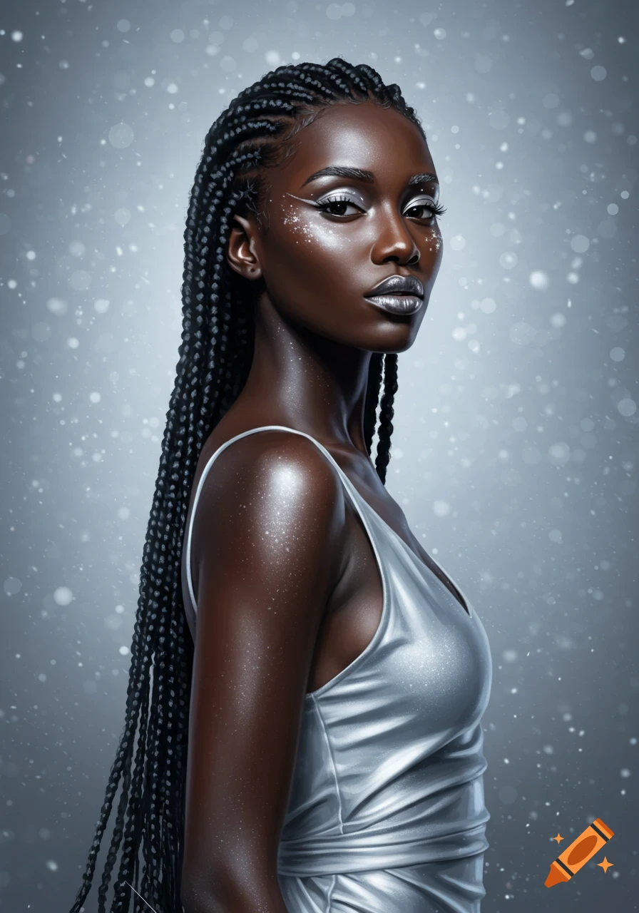 A photorealistic portrait of a Black woman with long black braids and silver makeup, wearing a shimmering silver dress against a snowy background.