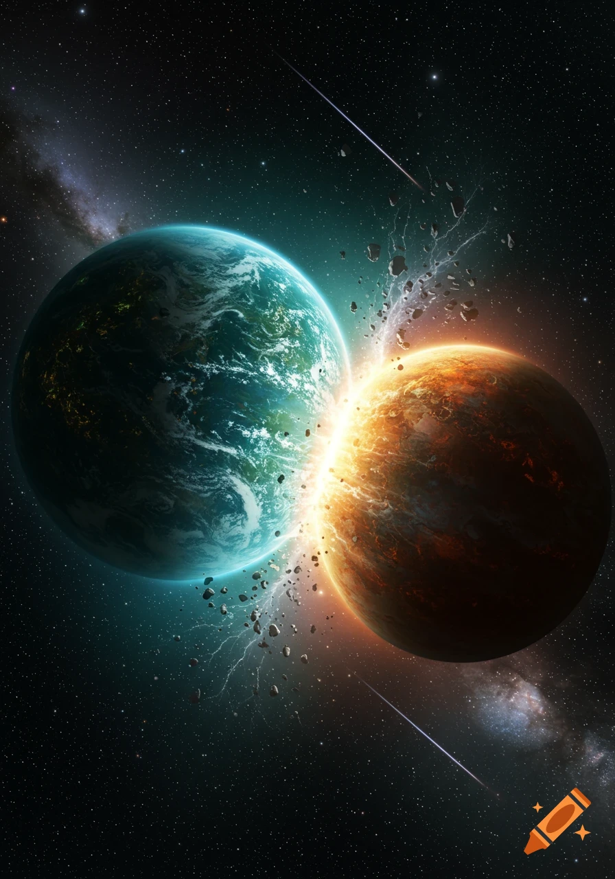 Two vibrant planets colliding in the vast darkness of space, with debris and bright light at the point of impact and distant stars.