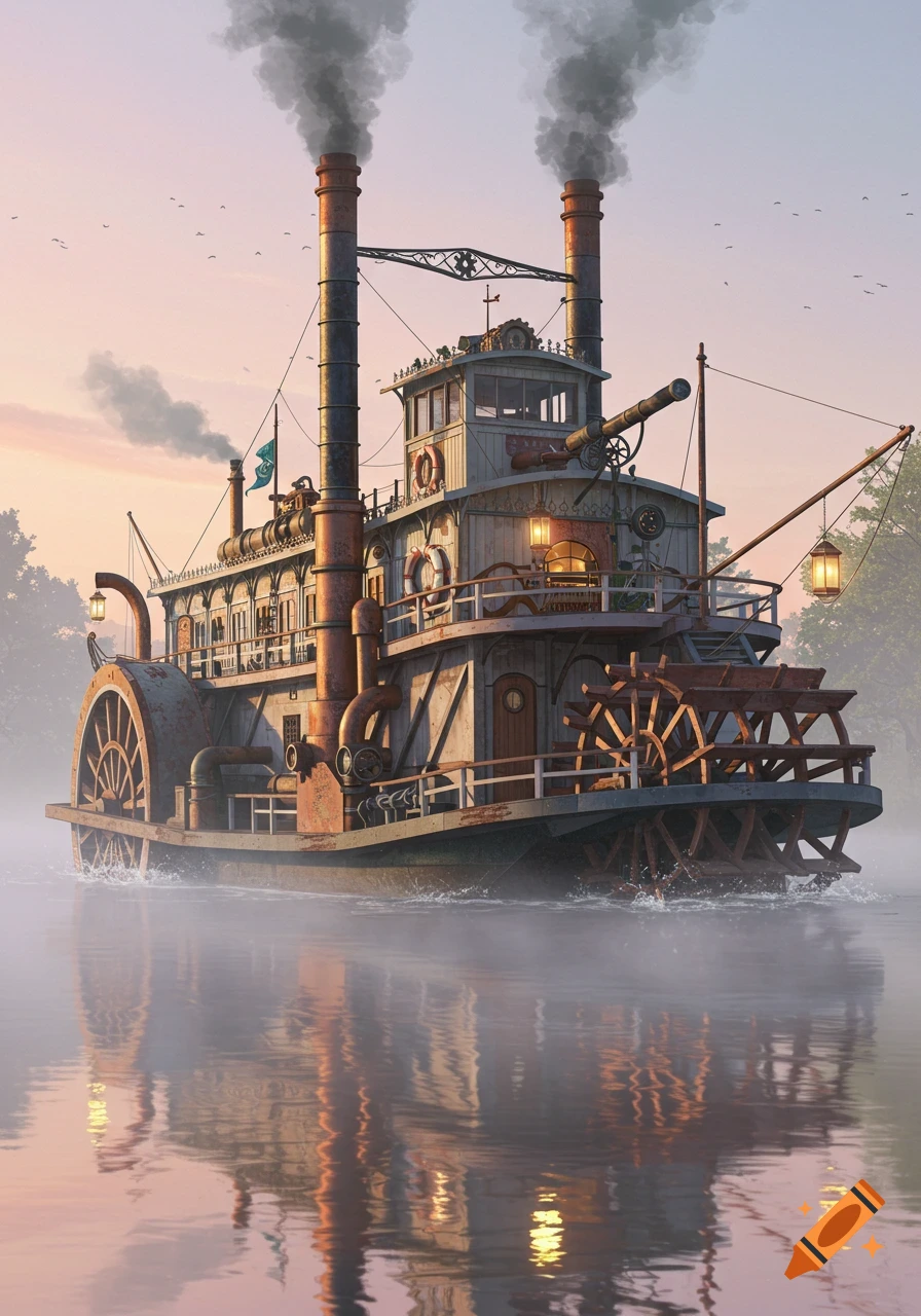 A detailed steampunk riverboat with large paddle wheels and smoking smokestacks on a misty river at sunset.