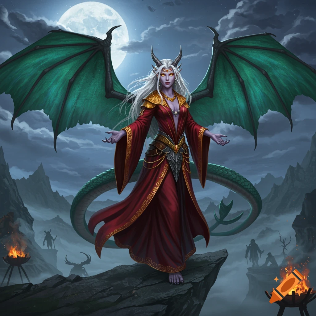 A white-haired demoness with horns, glowing eyes, green wings, and a red robe stands on a moonlit cliff. Digital fantasy art.