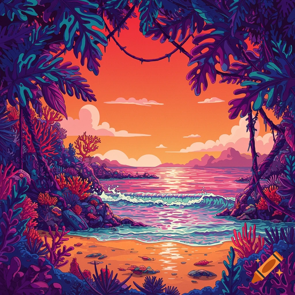 A vibrant, stylized illustration of a tropical beach at sunset, with large, colorful jungle leaves framing the scene and pink-hued ocean waves.