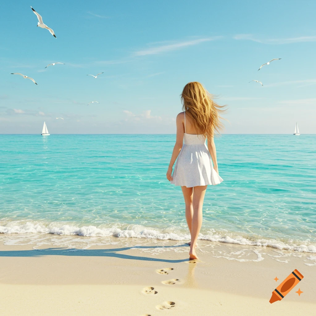 A photorealistic image of a woman in a white dress walking into the turquoise ocean on a sunny beach, leaving footprints in the sand.