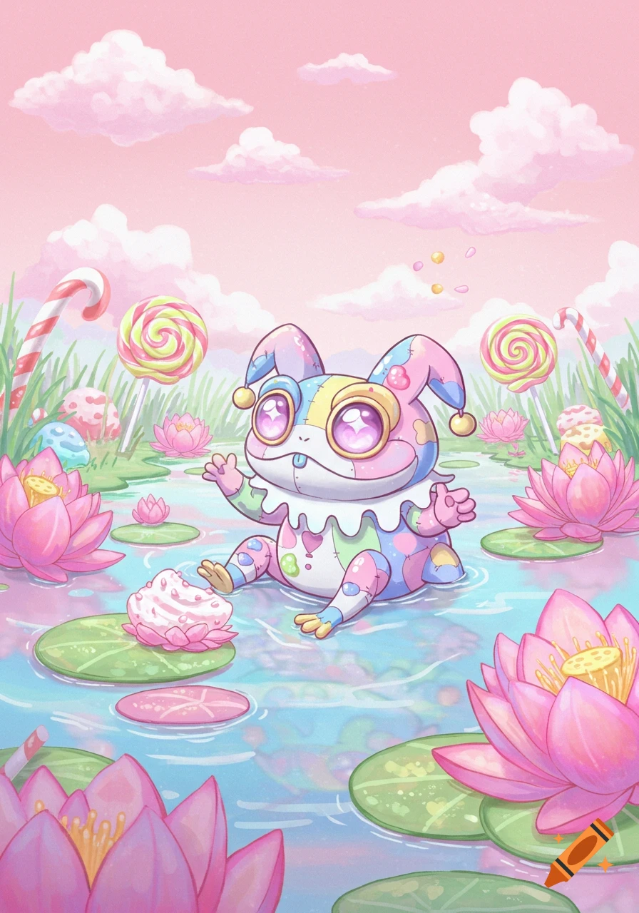 A whimsical, pastel harlequin frog sits in a lily pad pond with lollipops and candy canes, under a pink sky.