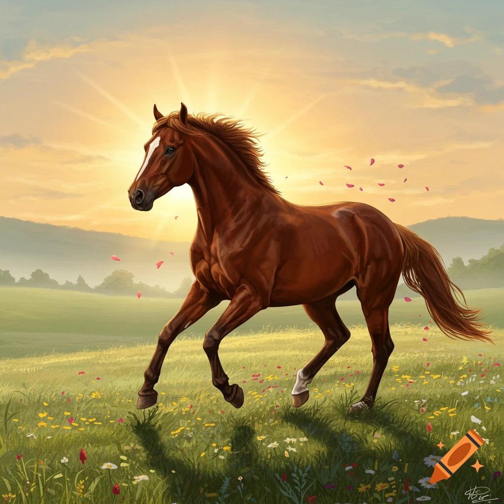 A majestic brown horse gallops through a sunlit field of wildflowers at sunrise or sunset.