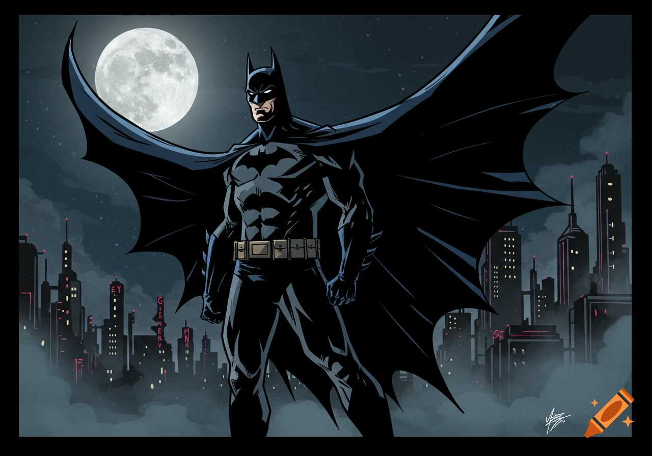 Batman stands heroically with his cape spread, silhouetted against a full moon and a dark, stylized city skyline at night in the Bruce Timm animation style.