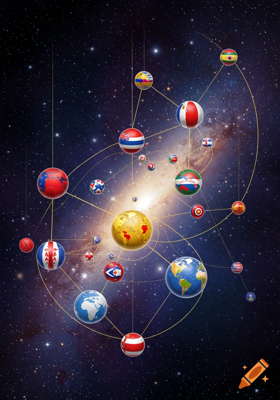 Globes resembling planets and national flags connected by golden lines, floating in deep space with a galaxy in the background.