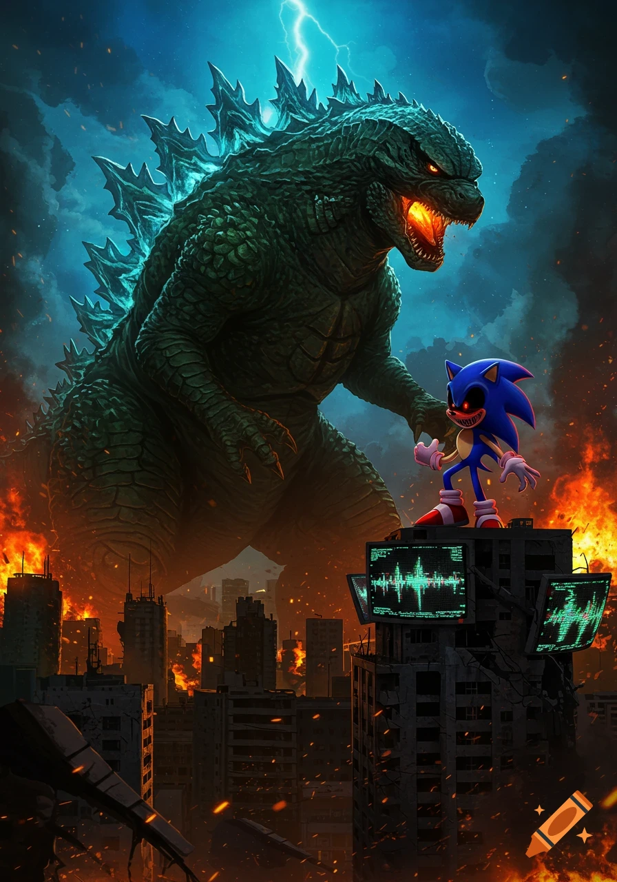 A gigantic Godzilla roars over a burning, ruined city with lightning in the sky, as Sonic.exe stands defiantly on a building.