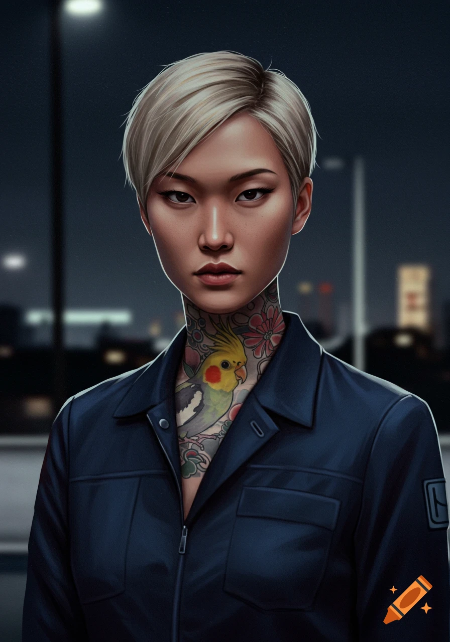A serious-looking Asian woman with short blonde hair and a cockatiel neck tattoo wears a dark blue jumpsuit in an urban night scene.
